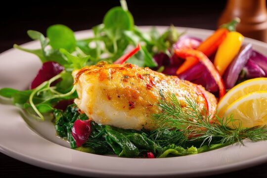 Delicious nutritious baked kingklip with fresh veggies and lemon