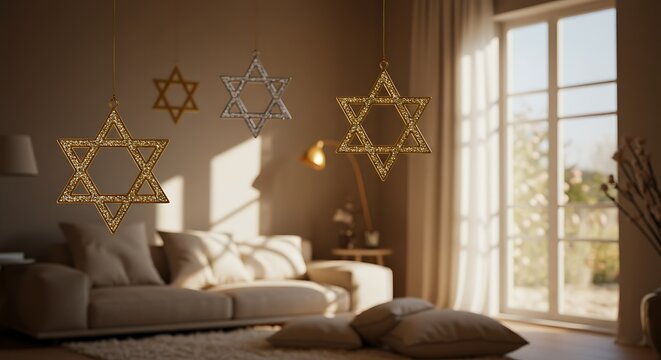 Golden Star of David Ornaments in Sunlit Living Room