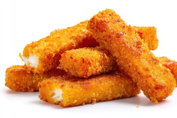 Fish fingers and fishcake sticks on a white backdrop