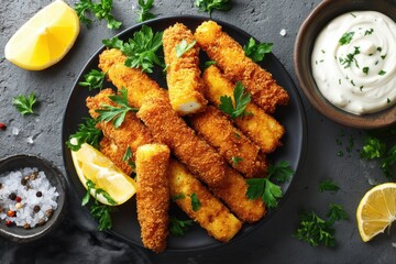 Fototapeta premium Fish fingers on a plate accompanied by parsley lemon and tartar sauce against a gray background