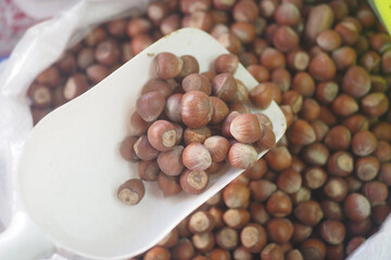 Freshly harvested hazelnuts ready for sale at local market