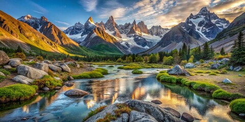 Serene Sunrise Over Majestic Mountain Peaks Reflecting in a Tranquil River Valley