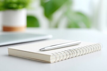 minimalistic desk with laptop beside clean blank notebook and pen