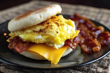 Homemade bacon and cheese English muffin sandwich