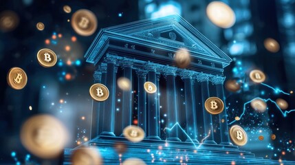 Concept image of financial uncertainty, with falling coins and banking-related icons.