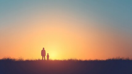 Fototapeta premium minimalistic image capturing father and child silhouette against sunset room for text on sky