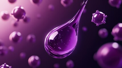 Purple liquid drop, virus particles, microscopic, science background, medical research