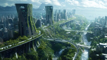 Naklejka premium Eco-Cityscape: A Futuristic Metropolis Integrated with Nature