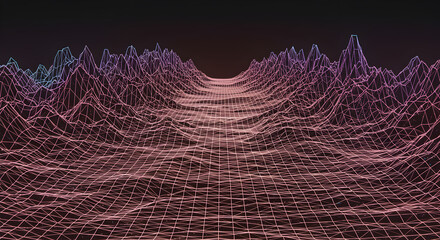 Fototapeta premium Abstract Synthwave Grid Landscape With Mountain Peaks On Dark Background