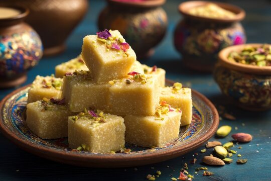 Milk sugar and clarified butter dessert known as Mava burfi Khoya burfi or Barfee