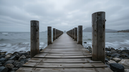Fototapeta premium Weathered wooden pier jutting into the cloudy Black sea of Adler , weathered wood, rugged shoreline, pier