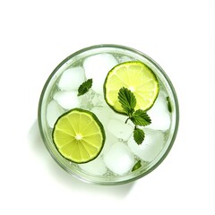 Gin and tonic mojito cocktail with fresh mint leaves in a glass, top view, isolated on a transparent white background - capturing a refreshing, vibrant drink perfect for summer