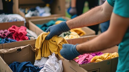 Volunteers offering clothing donations to the less fortunate.