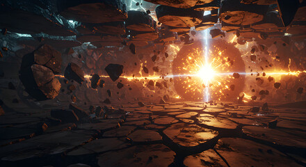 Celestial Birth Awaits As A Glowing Entity Emerges From Rock Fragments - obrazy, fototapety, plakaty