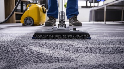 Person using a vacuum to clean carpet in a home office.