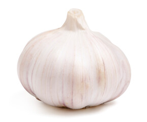 Front view fresh peeled garlic cloves, bulb with garlic slices isolated on white background