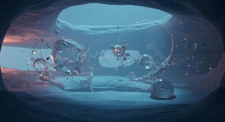 Abstract Spheres And Geometric Shapes Floating In A Blue Cavernous Space