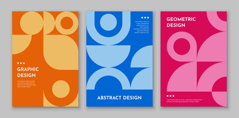Abstract business posters with geometric pattern vector background. Retro graphic minimal art shapes cover templates set with circles and leaves pattern. Trendy geometric shapes and figures posters