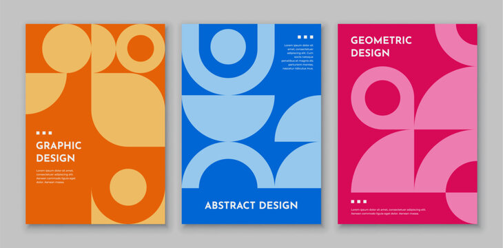 Abstract business posters with geometric pattern vector background. Retro graphic minimal art shapes cover templates set with circles and leaves pattern. Trendy geometric shapes and figures posters