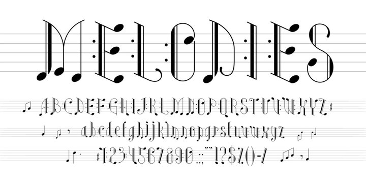 Musical notes font, music melody rhythm typeface, symphony type, piano letters alphabet vector typography. English abc characters on sheet music background. Musical notes stave font alphabet letters