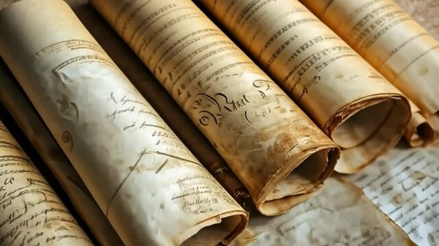 Ancient scrolls unraveling on rustic table with intricate maps and text