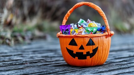 Halloween candy basket filled with treats on wooden planks