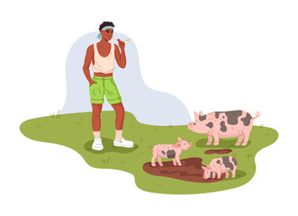 Fototapeta premium Young relaxed farmer man standing on green field watching piglets and pig play in muddy puddle. Cartoon flat vector male character symbolizing a calm rural summer lifestyle, animal farming and care