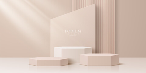 Beige product podium stage with soft shadows and geometric shapes. Realistic 3d vector platform for product display or branding mockups. Elegant pedestals, presentation setup with subtle lighting