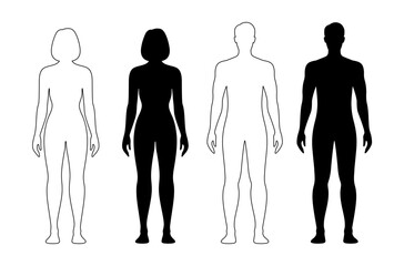 Man and woman human body silhouette, patient front view outline figure. . Isolated vector monochrome contour of male and female person shapes, standing full height. Bare and naked slim healthy people