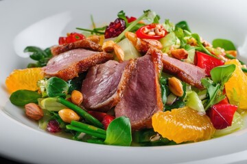 Nutritious duck salad with citrus veggies and fresh dressing featuring sliced duck and crunchy greens with pine nuts