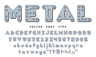 Metal constructor font, steel shapes typeface, kids construction blocks toy alphabet letters and numbers. Metal building game parts vector typography type of english abc characters with holes