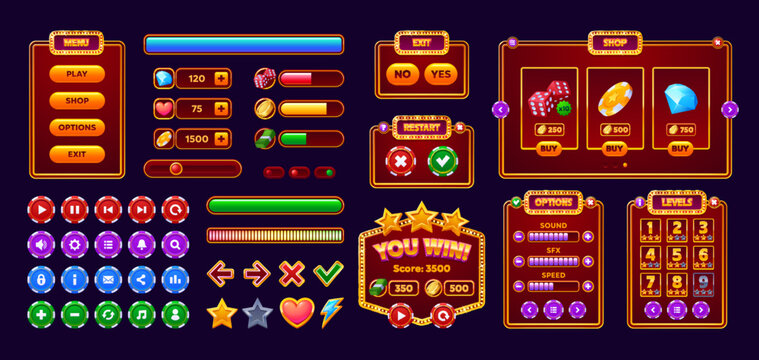 Casino gambling game interface. Cartoon vector ui buttons, glowing meters, menu panels, and interactive elements like shop icons, chips and cubes, progress bars, badges. Gameplay for mobile or web app