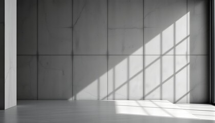Industrial minimalist setting, smooth grey concrete walls, polished floor.