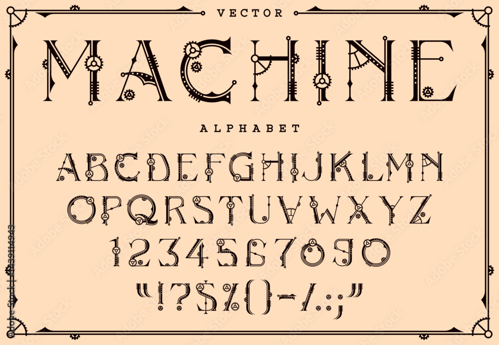 Fototapete steampunk letters font, mechanic gear type, machine alphabet typeface. steam punk font english abc l