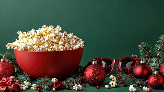 Festive popcorn decoration with red ornaments and evergreen garland