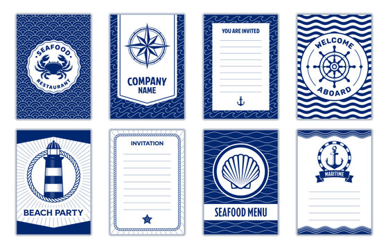 Nautical marine invites and templates. Vector set of navy blue and white invitation cards with maritime icons like anchor, lighthouse, steering wheel and seashells evoke ocean vibes, for marine events
