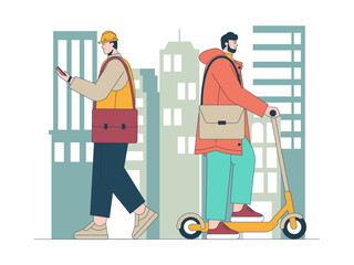 People riding electric scooter in city. Commuter illustration. Flat vector illustration concept