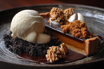 Pumpkin tart with chocolate spice pecans salted chocolate crumble and brown butter ice cream