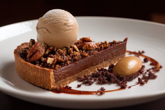 Pumpkin tart with spices pecans chocolate crumb and brown butter ice cream - Powered by Adobe