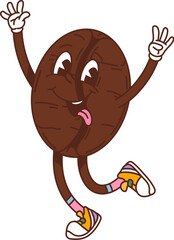 Cartoon groovy coffee bean character. Isolated vector playful, roasted brown seed y2k personage showcasing cheerful energetic smile. Funny bean or nut with expressive eyes, retro gloves and sneakers