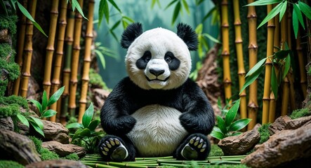 Obraz premium Stuffed panda in a bamboo forest diorama background