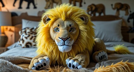 Stuffed lion with a mane of yellow fur on a safari themed bedroom background