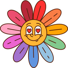 Cartoon groovy daisy flower Valentine character, retro hippie love personage. Vector y2k chamomile floral with colorful petals and hearts in the eyes, radiates joy. Funny daisy bloom with loving face