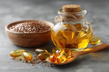Tiny glass jug of flaxseed oil dish of flax seeds and a wooden spoon with fish oil pills Omega 3 sources for vibrant hair skin and nails