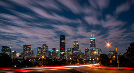 Fototapeta premium Chicago Skyline At Night Under The Swirling Clouds With Traffic Trails