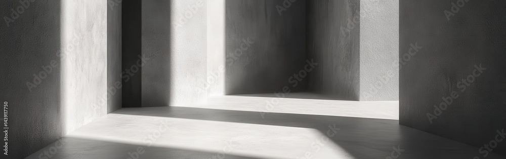 Poster Abstract architectural space with diffused light and shadows casting on concrete surfaces, creating a minimalist interior scene