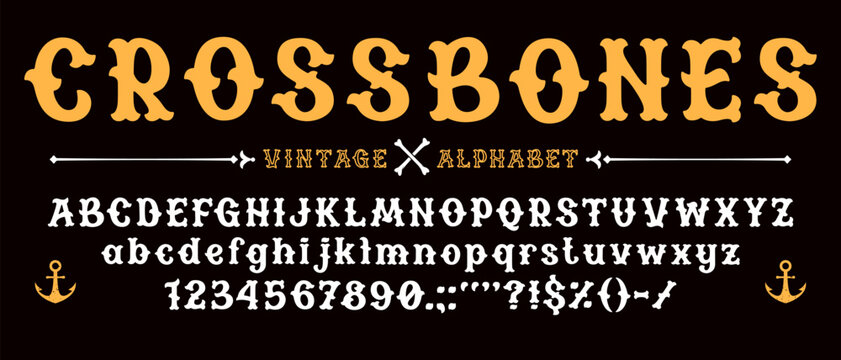 Vintage pirate font, corsair retro typeface, sailor seaman type, old label alphabet letters and numbers with piracy crossbones and anchor vector silhouettes. Fantasy mediaeval pirate font english abc