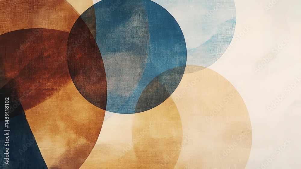 Aufkleber abstract circles art: overlapping shapes in blue, brown, and beige with a textured canvas finish