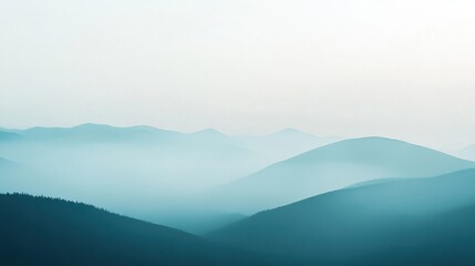 Serene Misty Mountain Landscape with Gradient Colors, Peaceful Minimalist Scene, Tranquil Nature Scenery, Blue-Green Tones, Soft A