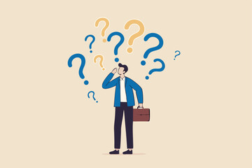 Uncertainty, confusion and decision making, choosing options or choices, answer for question or solution, problem solving, frustrated businessman thinking and make decision with many question marks.